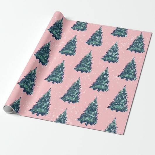 Modern Simple Snowy Green Christmas Trees Pink Geschenkpapier (Ungerollt)