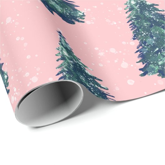 Modern Simple Snowy Green Christmas Trees Pink Geschenkpapier (Rolleneckpunkt)