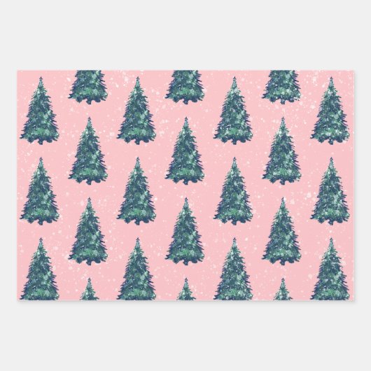 Modern Simple Snowy Green Christmas Trees Pink Geschenkpapier Set (Vorderseite 3)