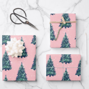 Modern Simple Snowy Green Christmas Trees Pink Geschenkpapier Set