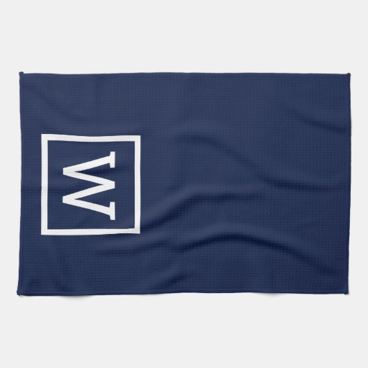 Modern Simple Square Border Monogram Navy Blue Geschirrtuch (Horizontal)
