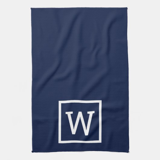 Modern Simple Square Border Monogram Navy Blue Geschirrtuch (Vertikal)