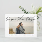 Modern Simple Text Border White Foto Black Onyx Save The Date (Stehend Vorderseite)