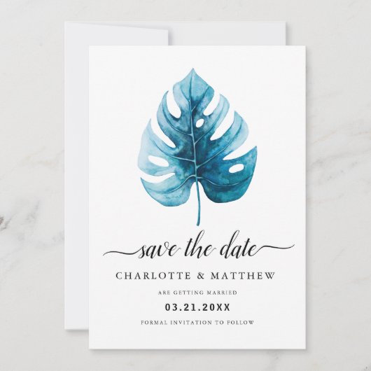 Modern Simple Tropical Watercolor Monstera Leaf Save The Date (Vorderseite)