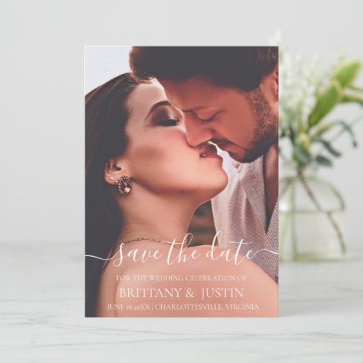 Modern Simple White Script Foto Save The Date (Stehend Vorderseite)