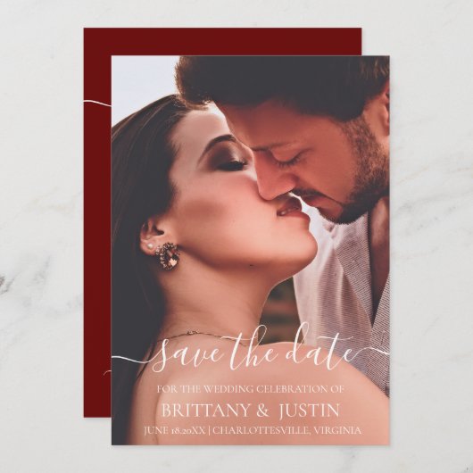 Modern Simple White Script Foto Save The Date (Vorne/Hinten)