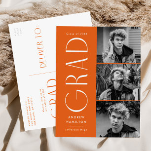 Modern Simplicity Orange 3 Photo Graduation Party Einladungspostkarte