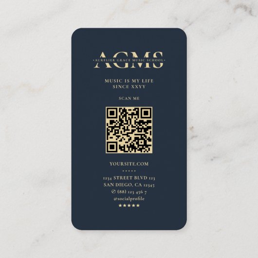 Modern Singer Monogram Music Teacher Blue Gold Visitenkarte (Rückseite)