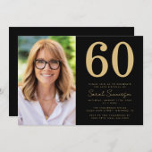 Modern Sixtieth Black Gold Photo 60th Birthday Einladung (Vorne/Hinten)