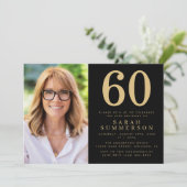 Modern Sixty Black Gold Photo 60th Birthday Einladung (Stehend Vorderseite)