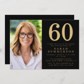 Modern Sixty Black Gold Photo 60th Birthday Einladung (Vorne/Hinten)