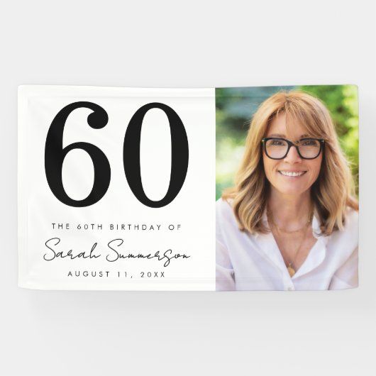 Modern Sixty Black White Photo 60th Birthday Party Banner (Horizontal)
