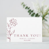 Modern Sketched Floral Burgundy Stylish Wedding Dankeskarte (Stehend Vorderseite)