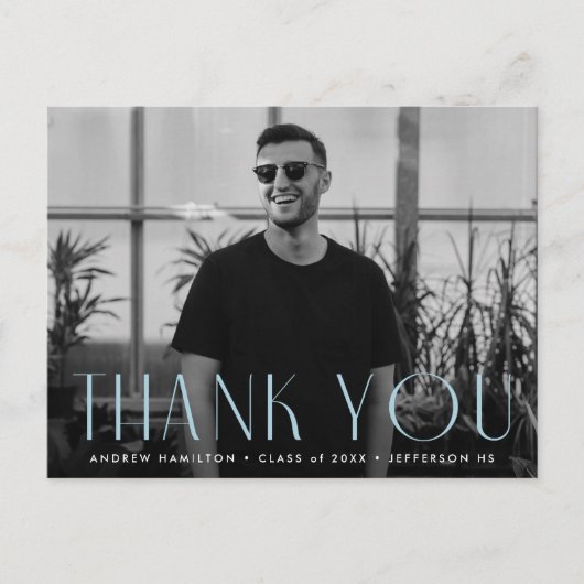 Modern Sky Blue Foto Abschluss Vielen Dank Postkarte (Vorderseite)