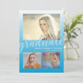 Modern Sky Blue Ombre Graduate 3-Foto Abschluss Ankündigung (Stehend Vorderseite)
