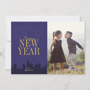 Modern Skyline Happy New Year's Foto Card Feiertagskarte