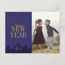 Modern Skyline Happy New Year's Foto Postcard Feiertagspostkarte