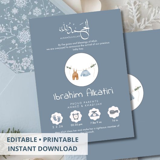 Modern Slate Blue Islamic Baby Boy Birth Ankündigung