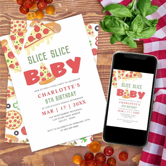 Modern Slice Slice Baby Pizza Kindergeburtstag Par Einladung