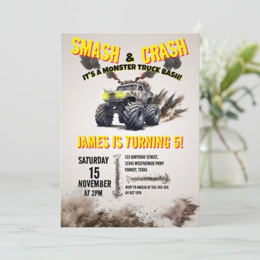 Modern SMASH & CRASH Monster Truck Birthday Party Einladung (Stehend Vorderseite)