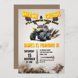Modern SMASH & CRASH Monster Truck Birthday Party Einladung