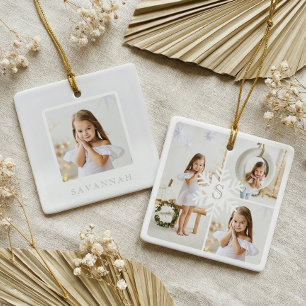 Modern Snowflake Monogram Three Foto Collage Keramikornament
