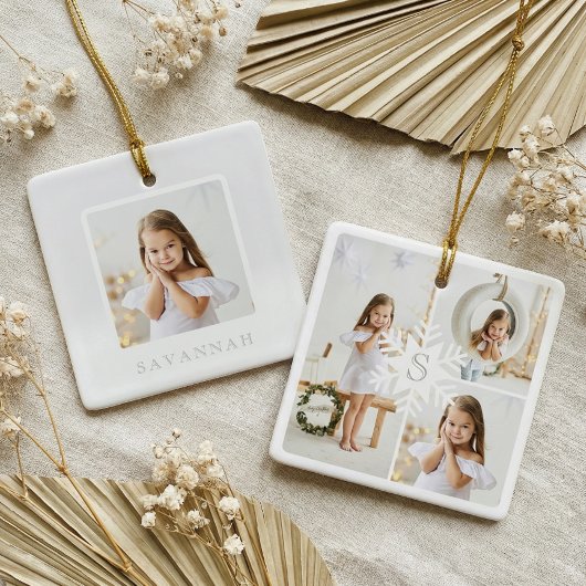 Modern Snowflake Monogram Three Foto Collage Keramikornament