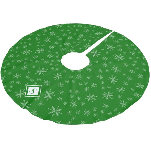 Modern Snowflake Muster Monogram Green Christmas Polyester Weihnachtsbaumdecke (Schrägansicht)