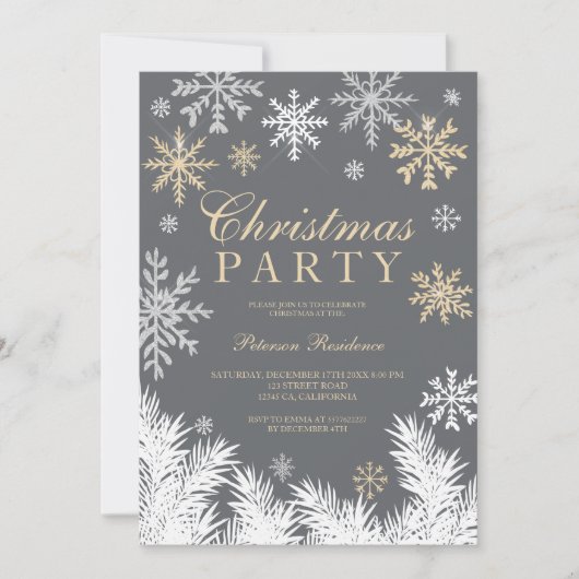 Modern snowflake pine gray winter Christmas party Einladung (Vorderseite)