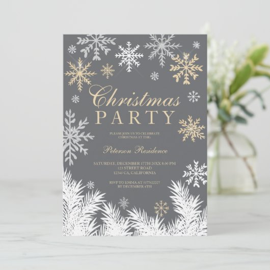 Modern snowflake pine gray winter Christmas party Einladung (Stehend Vorderseite)