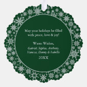 Modern Snowflakes Green Feliz Navidad Foto Ornament Karte (Rückseite)