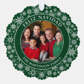 Modern Snowflakes Green Feliz Navidad Foto Ornament Karte (Vorderseite)