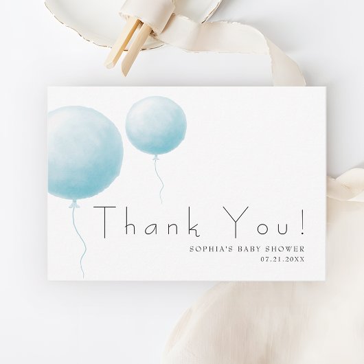 Modern Soft Pastel Blue Balloon Baby Boy Shower Dankeskarte