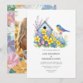 Modern Spring Floral Wedding Photo and QR Code Einladung (Vorne/Hinten)