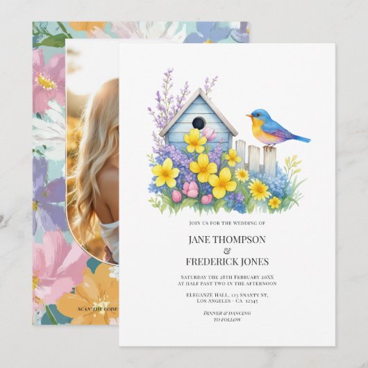 Modern Spring Floral Wedding Photo and QR Code Einladung (Vorne/Hinten)