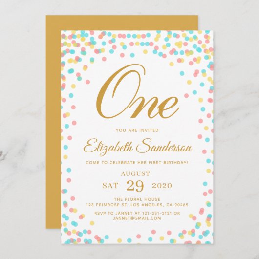 Modern Sprinkle Rainbow Gold Polka Dot Birthday Einladung (Vorne/Hinten)