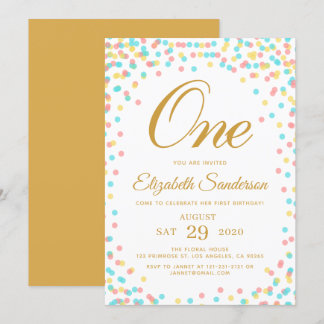 Modern Sprinkle Rainbow Gold Polka Dot Birthday Einladung