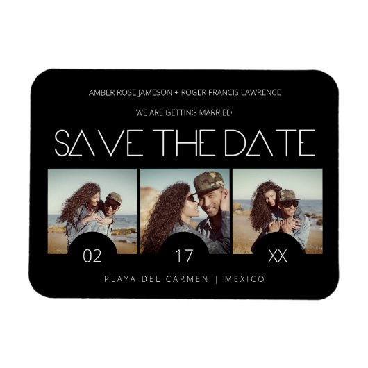 Modern Sript Elegante Romantik Drei Fotos Verlobt Magnet (Horizontal)