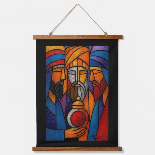 Modern Stained Glass Three Wise Men in English Wandteppich Mit Holzrahmen (Vorderseite)