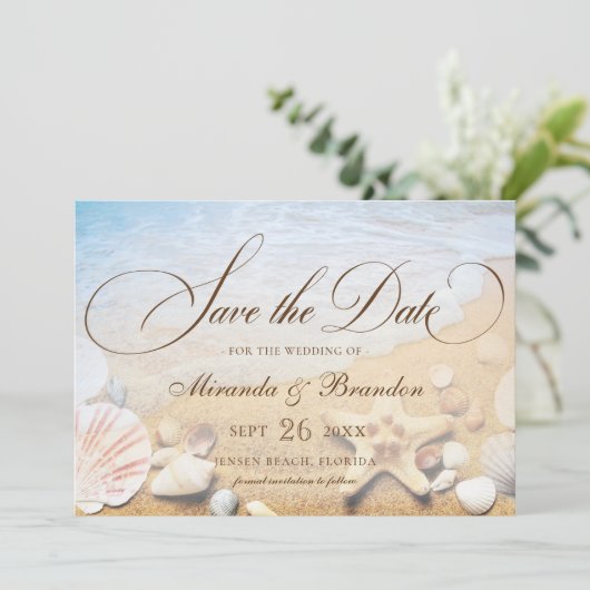 Modern Starfish Tropical Beach Save the Date Card (Stehend Vorderseite)