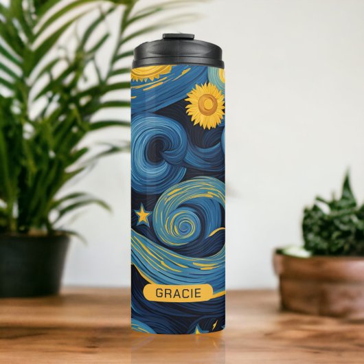 Modern Starry Night Sunflower Personalisiert Name Thermosbecher