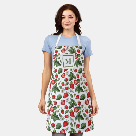 Modern Strawberry Blossom Muster Monogram Schürze (Getragen)