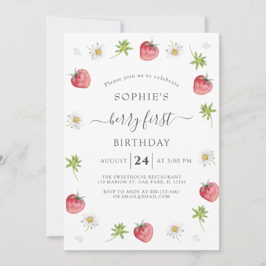 Modern Strawberry Sweet Berry Erster Geburtstag Einladung (Vorderseite)