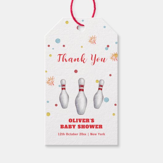 Modern Strike Up Bowling Baby Shower Welcome Geschenkanhänger (Vorderseite)