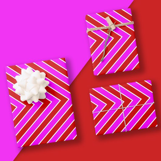 Modern Strip Muster Red Hot Pink Geschenkpapier Set