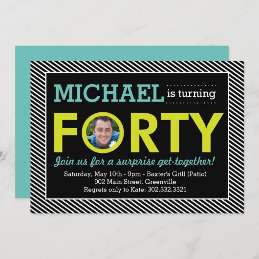Modern Stripe 40. Geburtstag Foto Einladung (Vorne/Hinten)