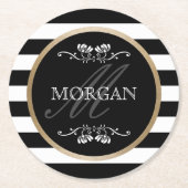 Modern Stripes Gold Border Familienname Runder Pappuntersetzer (Vorderseite)