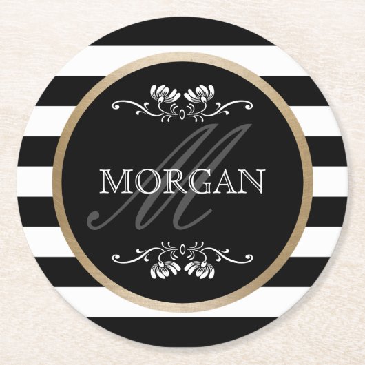 Modern Stripes Gold Border Familienname Runder Pappuntersetzer (Vorderseite)