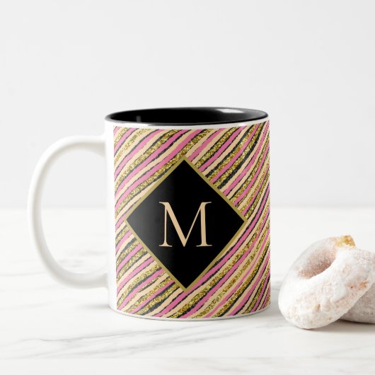Modern Stripes Gold Glitzer Monogram Black Zweifarbige Tasse (Mit Donut)