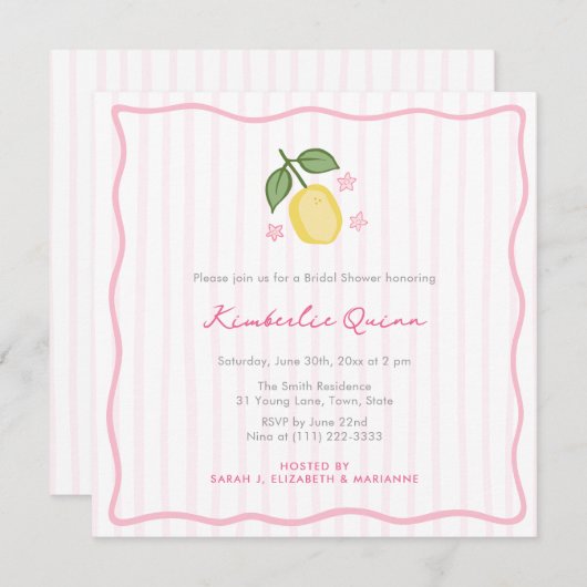 Modern Stripes Hand-Drawn Lemon Bridal Shower Einladung (Vorne/Hinten)